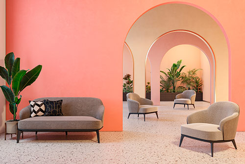 colorful interior archs sofa armchairs terrazzo